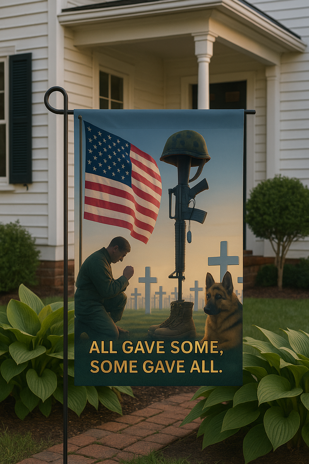 House Banner - Soldier Praying Beside New Grave with Military Dog Tags
