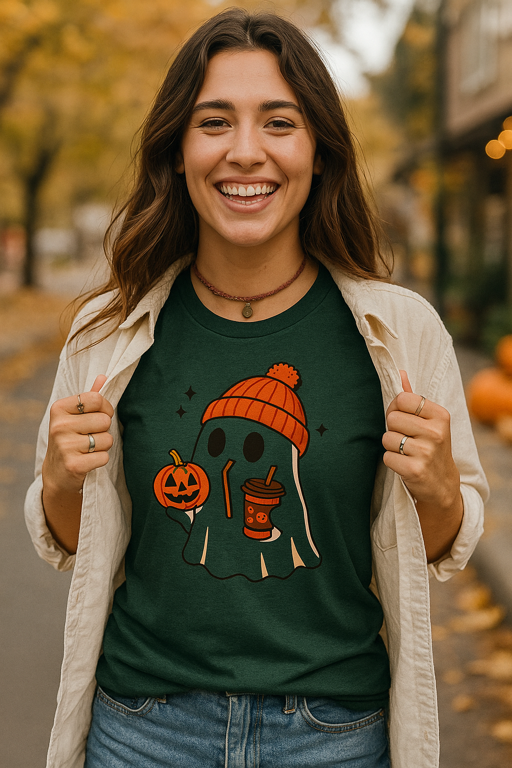 Rusty Pumpkin Beanie Ghost – Coffee Sippin’ Halloween Vibes Tee