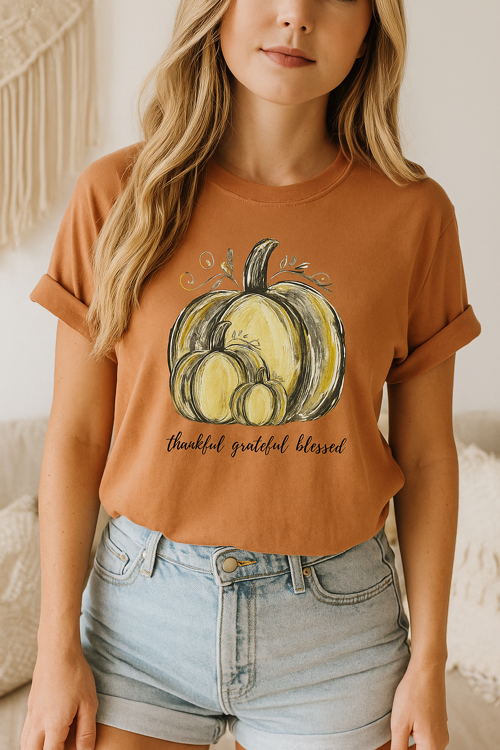 Thankful Grateful Blessed T-Shirt – Unisex Fall Tee with Pumpkin Design