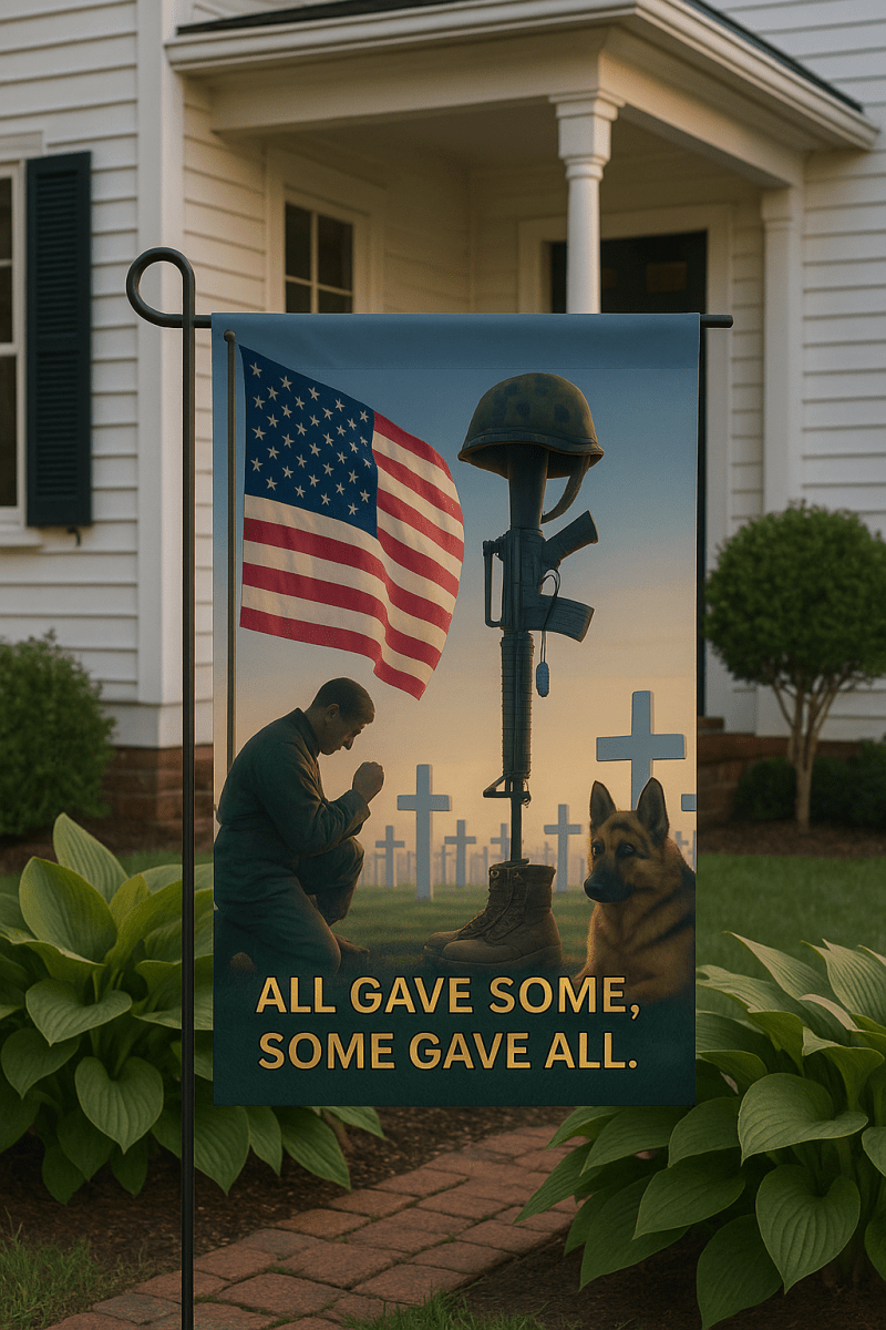 House Banner - Soldier Praying Beside New Grave with Military Dog Tags - Lazy Rockin H Ecom