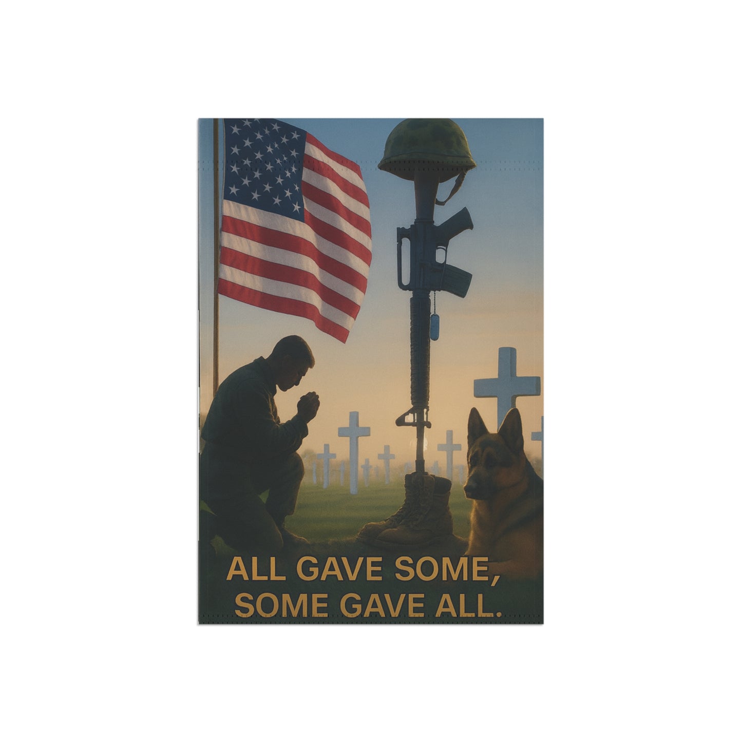 House Banner - Soldier Praying Beside New Grave with Military Dog Tags