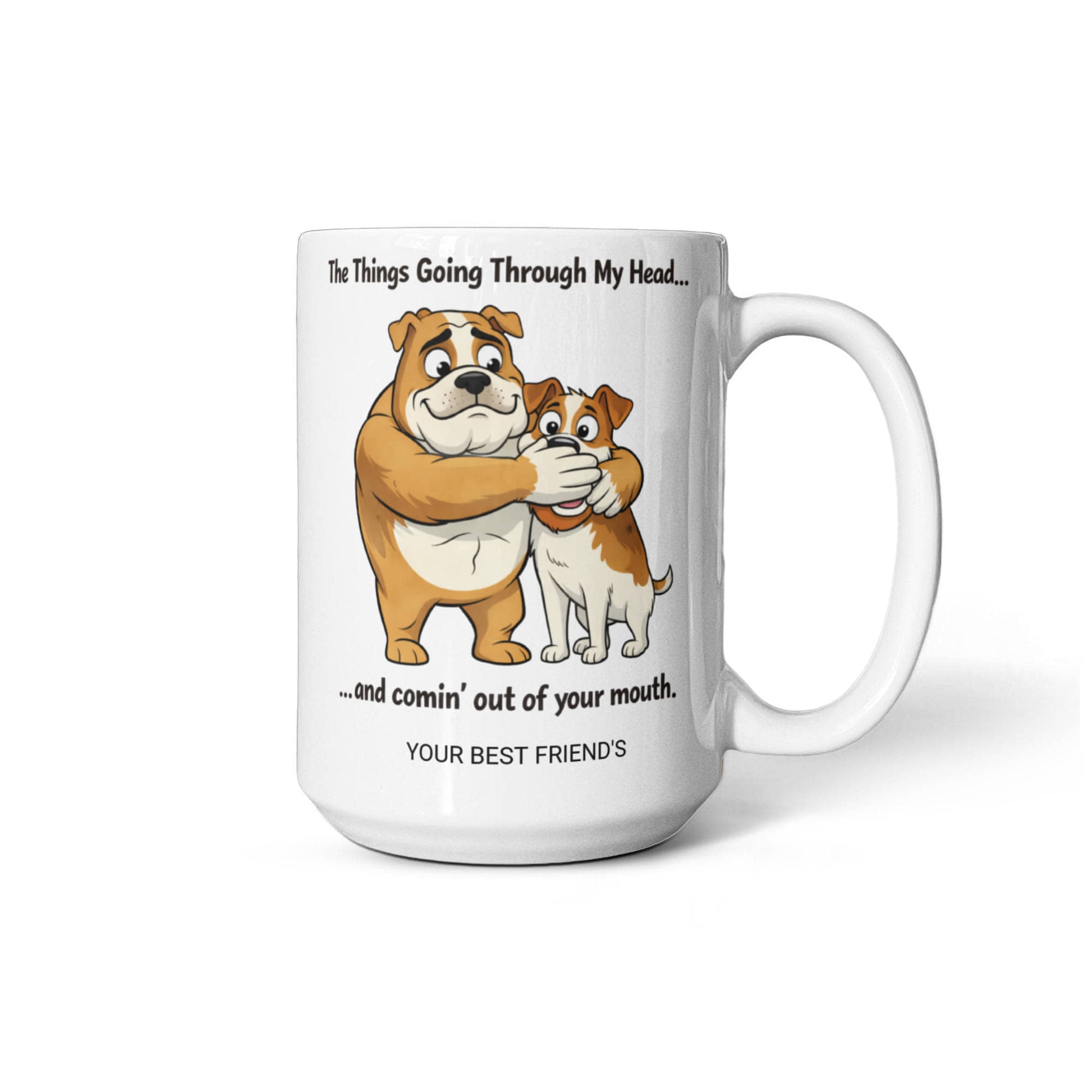 Personalized Coffee Mug with cartoon bulldogs and humorous text on a white background