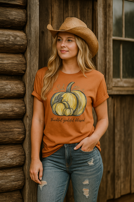 Thankful Grateful Blessed T-Shirt – Unisex Fall Tee with Pumpkin Design