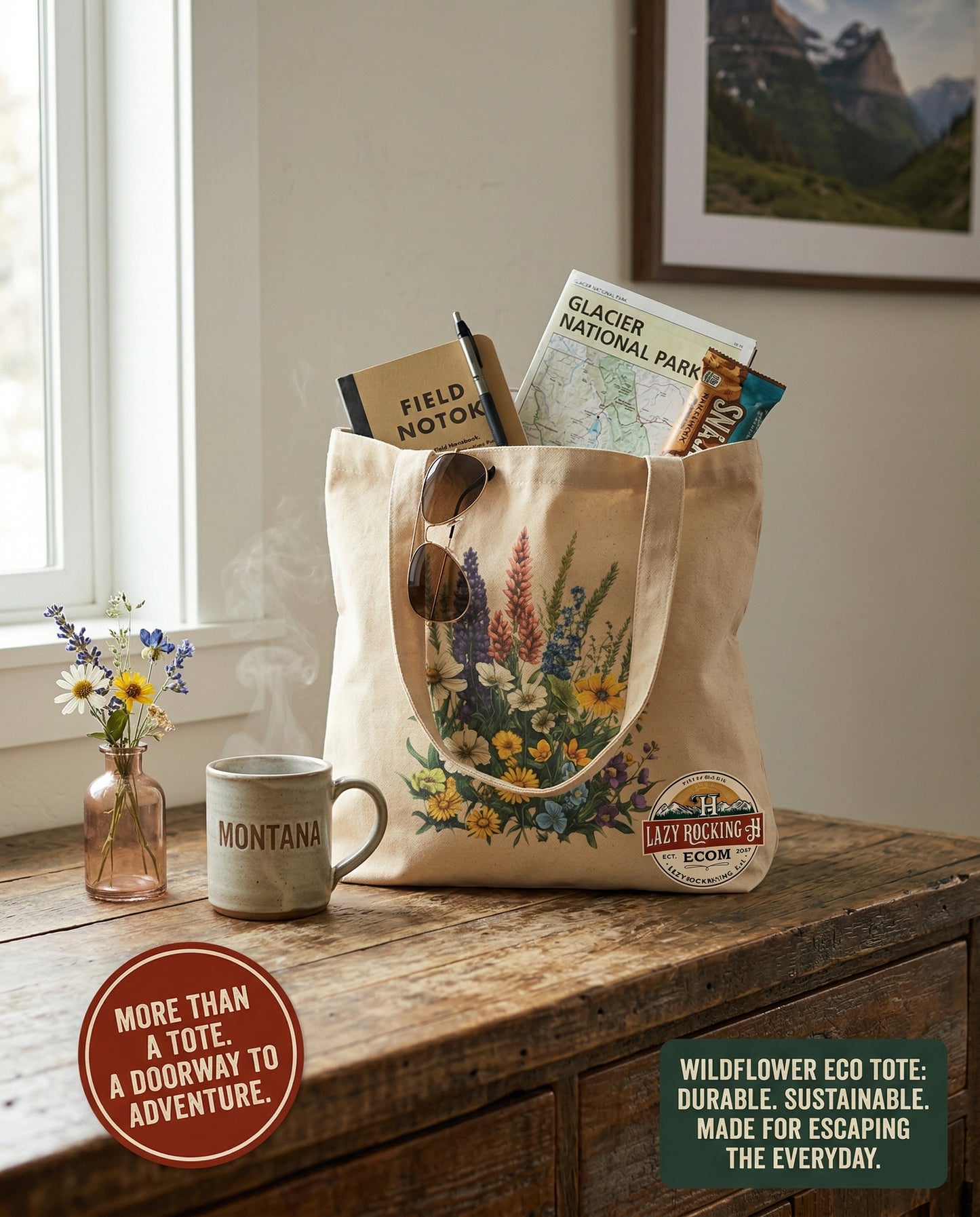 Carry Glacier With You — Wildflower Eco Tote (Montana Inspired, Built for Everyday Escape)