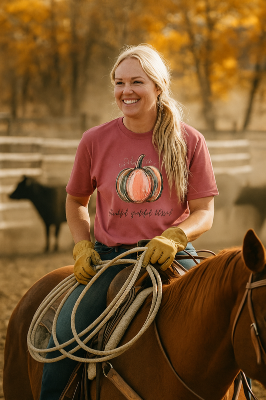 Thankful Grateful Blessed Pumpkin Tee – Fall & Thanksgiving Shirt for Women