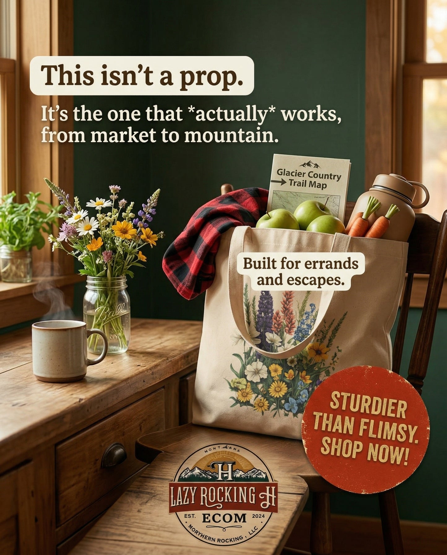 Carry Glacier With You — Wildflower Eco Tote (Montana Inspired, Built for Everyday Escape)
