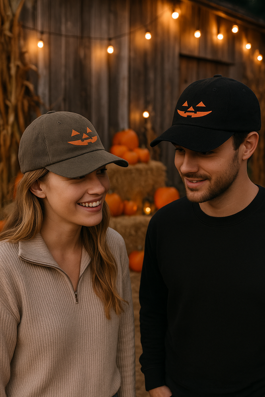 Vintage Halloween Jack-O’-Lantern Corduroy Cap – Embroidered Pumpkin Face Hat