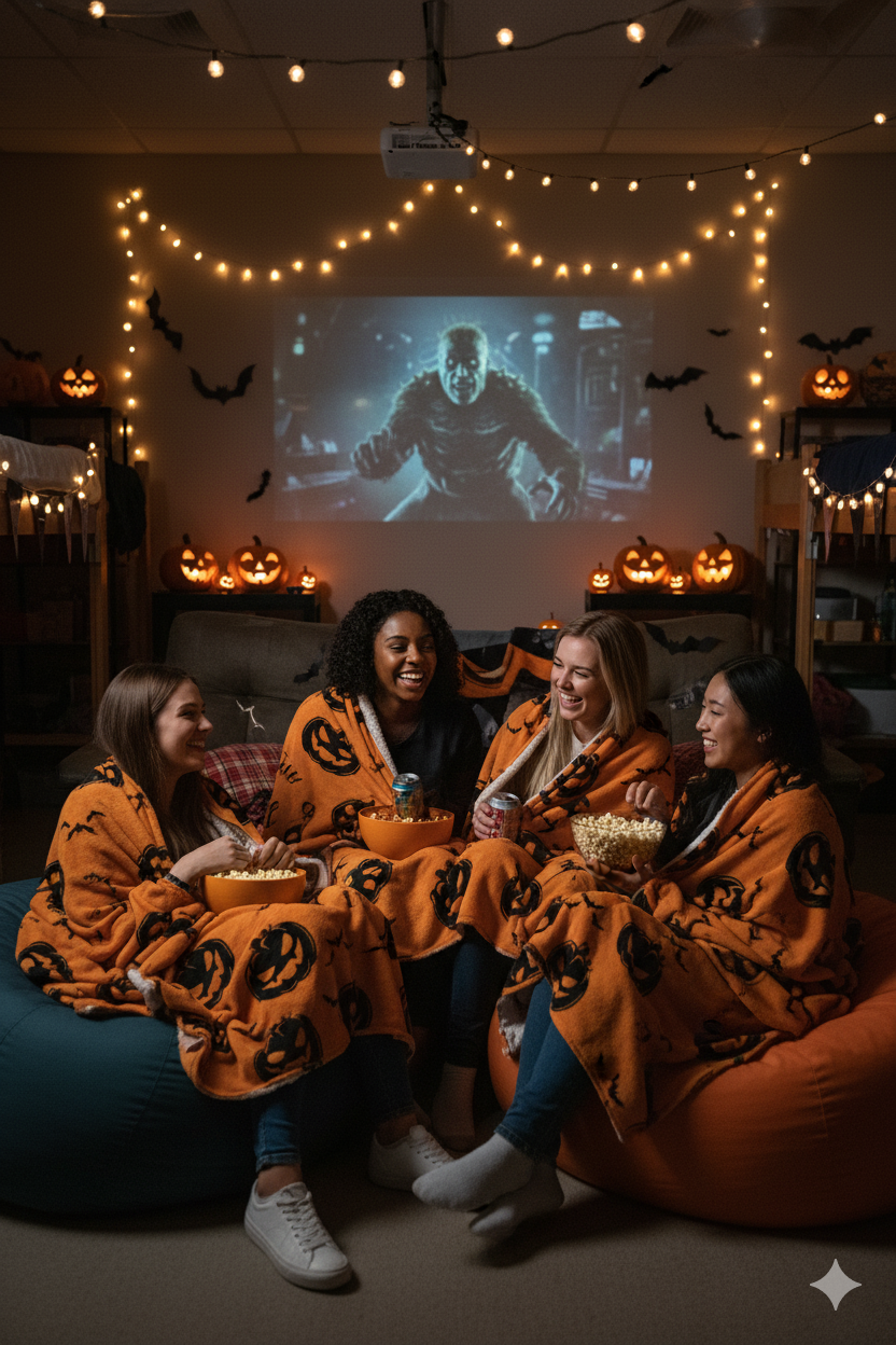 Four women sitting on bean bags wearing orange 'Hocus Pocus' themed blankets, watching a movie projected onto a screen with Halloween decorations.