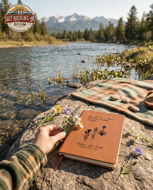 Mom holding a bouquet of flowers next to a leather journal on a rock by a river with mountains in the background.