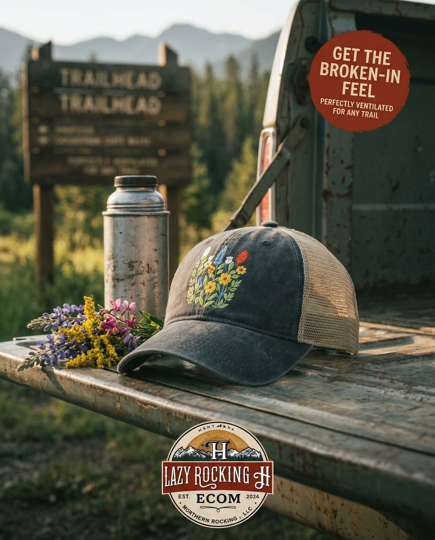 Where Wildflowers Meet the Trail — Women’s Washed Mesh Back Cap (Montana Inspired)