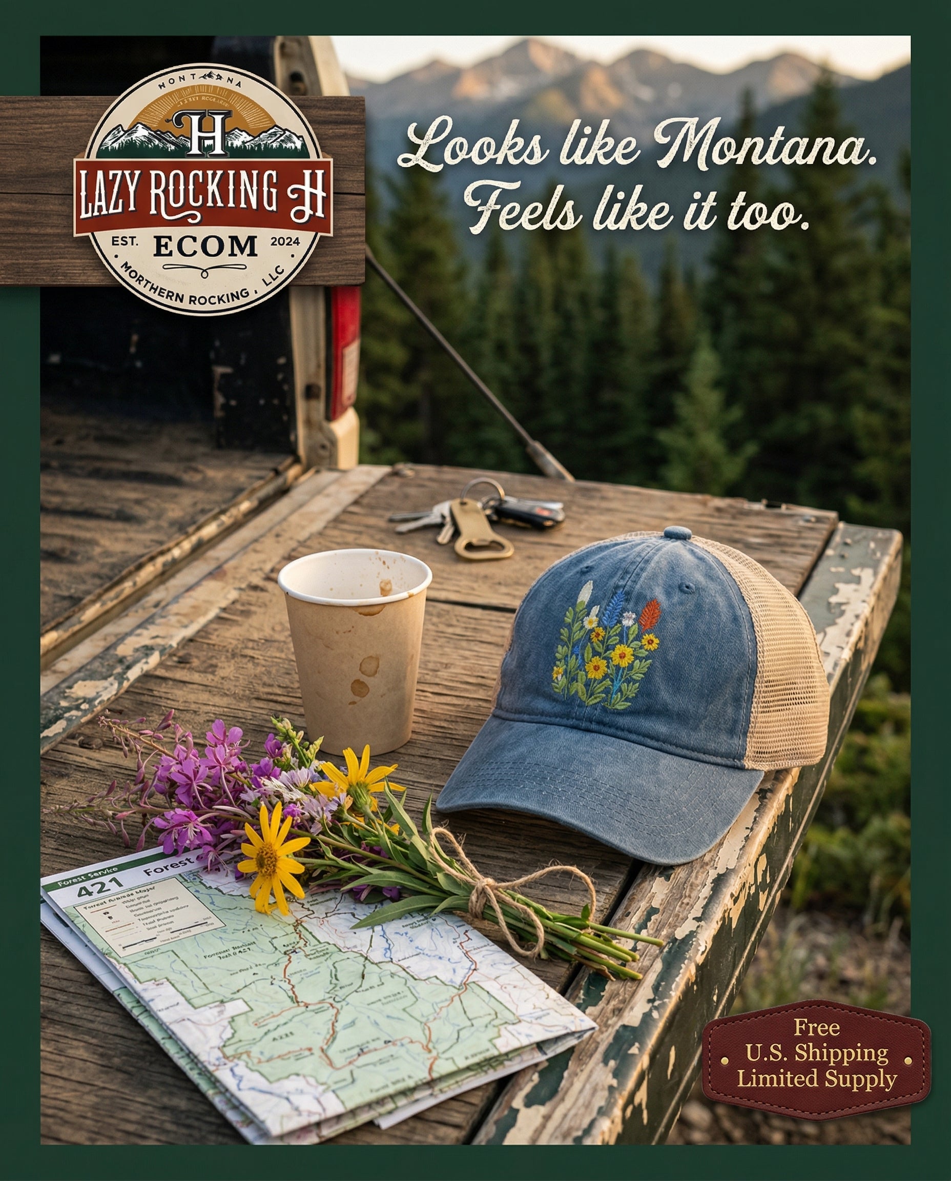 Wooden surface with a cap, cup, map, and flowers, featuring 'Lazy Rocking' logo and text.