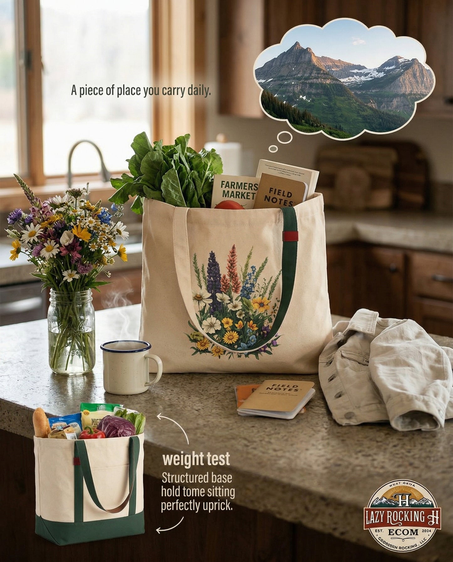 Carry Glacier With You — Wildflower Eco Tote (Montana Inspired, Built for Everyday Escape)