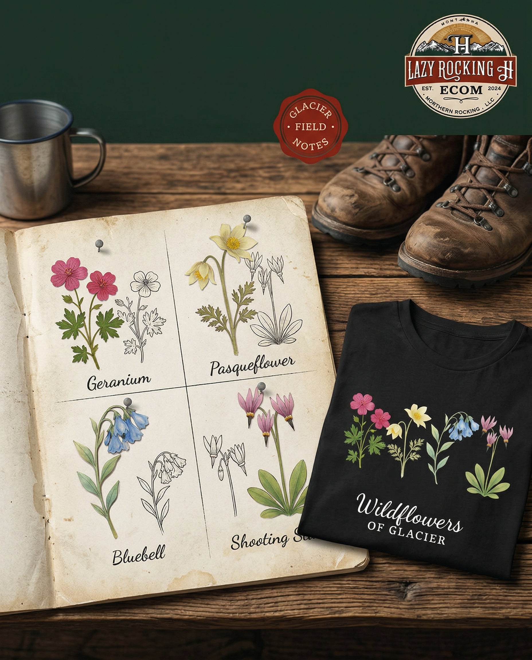 Floral illustration book, t-shirt with floral design, and hiking boots on a wooden surface with 'Lazy Rocking Ecom' logo.
