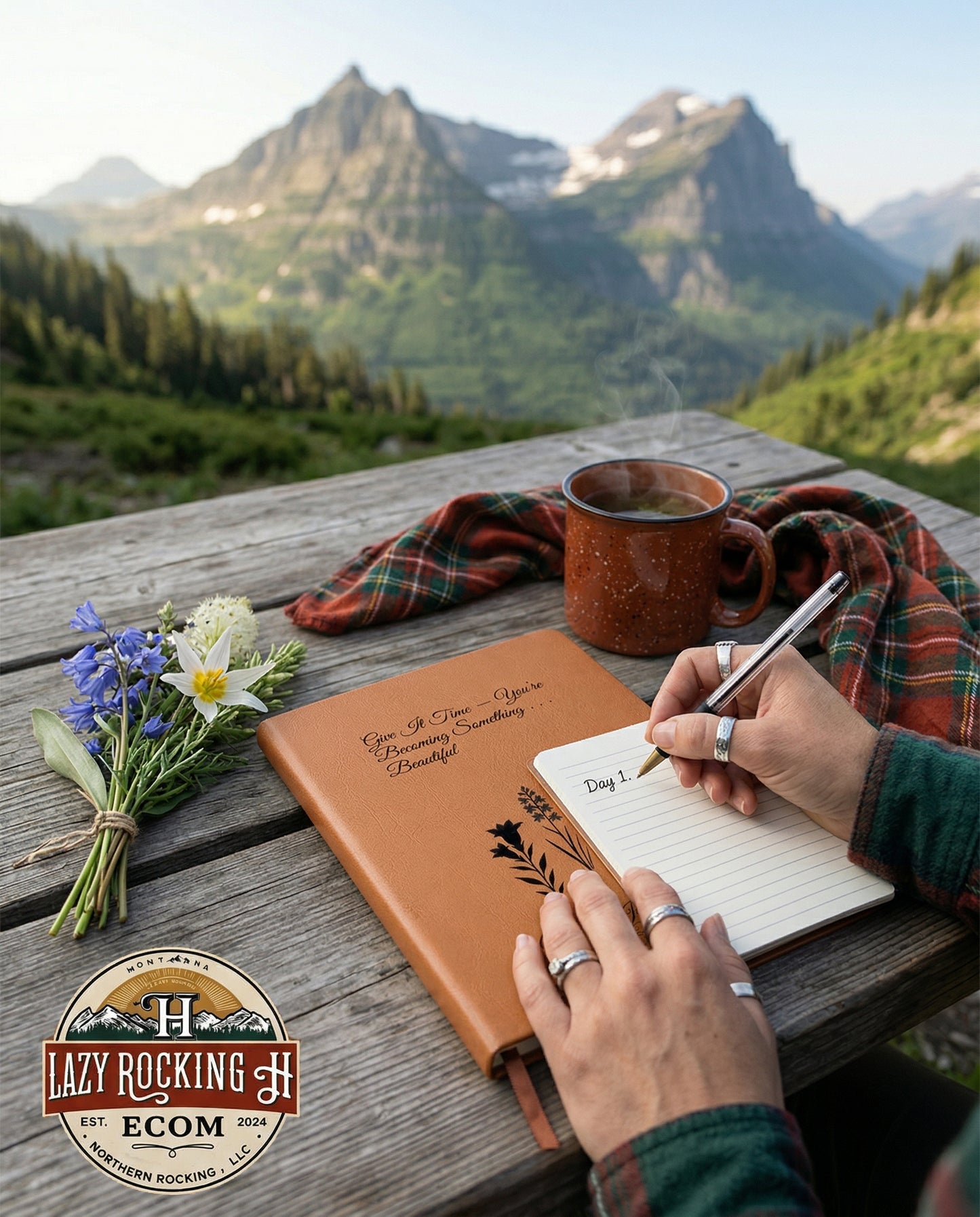 Person writing in a journal with a scenic mountain view and Lazy Rocking Ecom logo.
