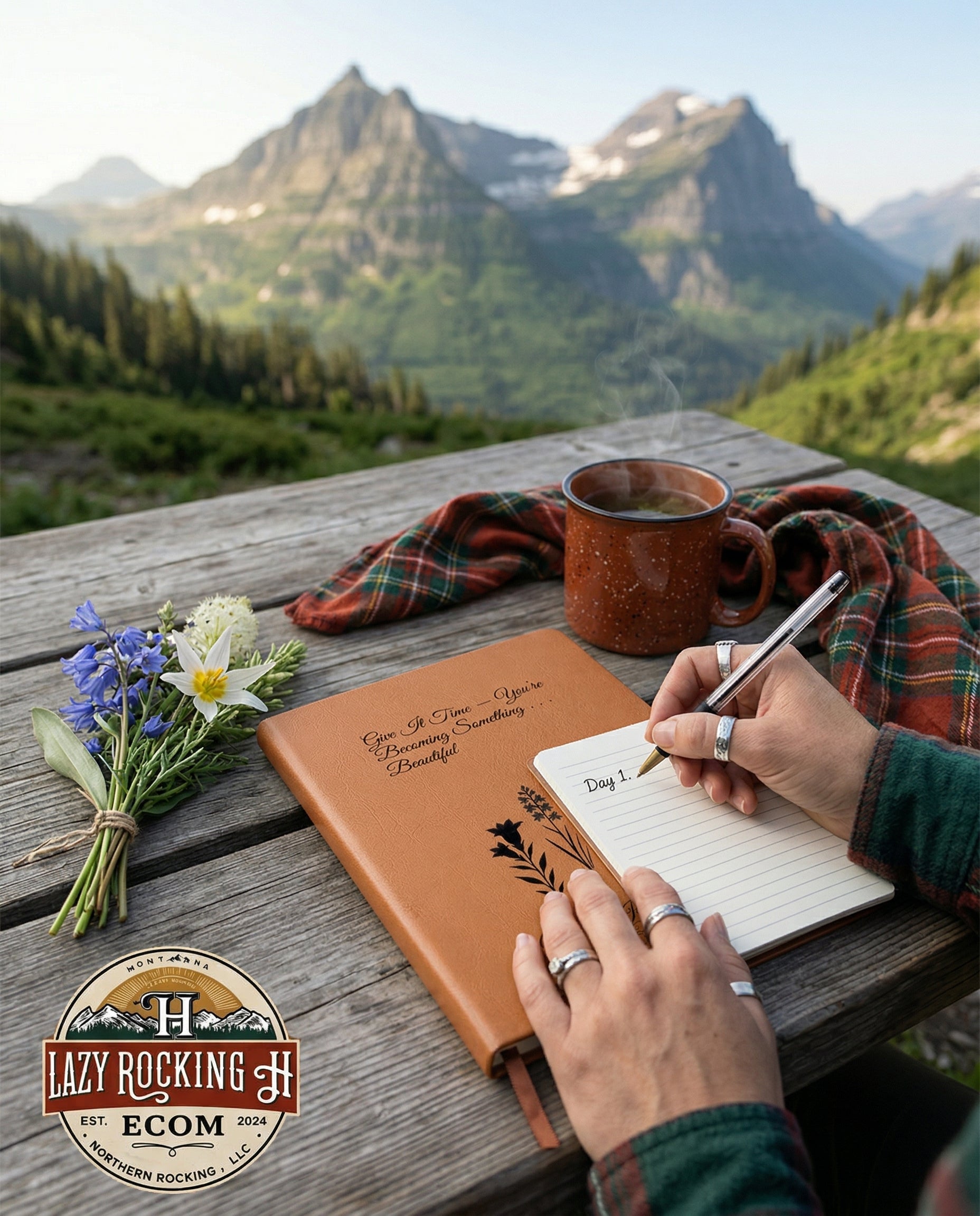 Person writing in a journal with a scenic mountain view and Lazy Rocking Ecom logo.