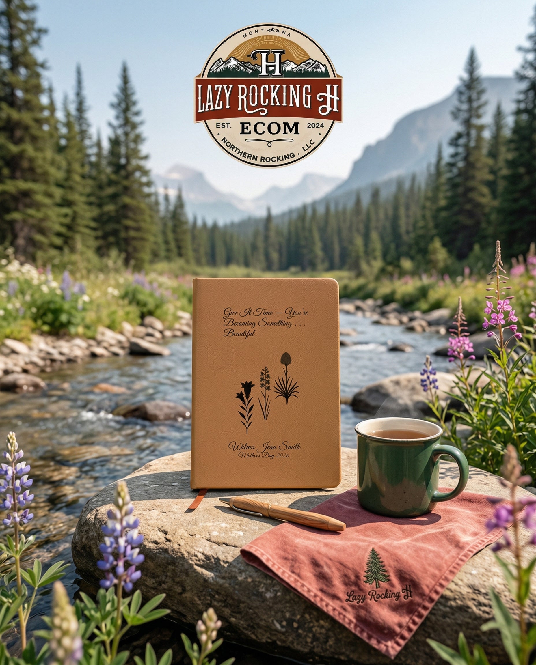 Notebook and mug on a rock with a scenic background and Lazy Rocking H ECOM logo.