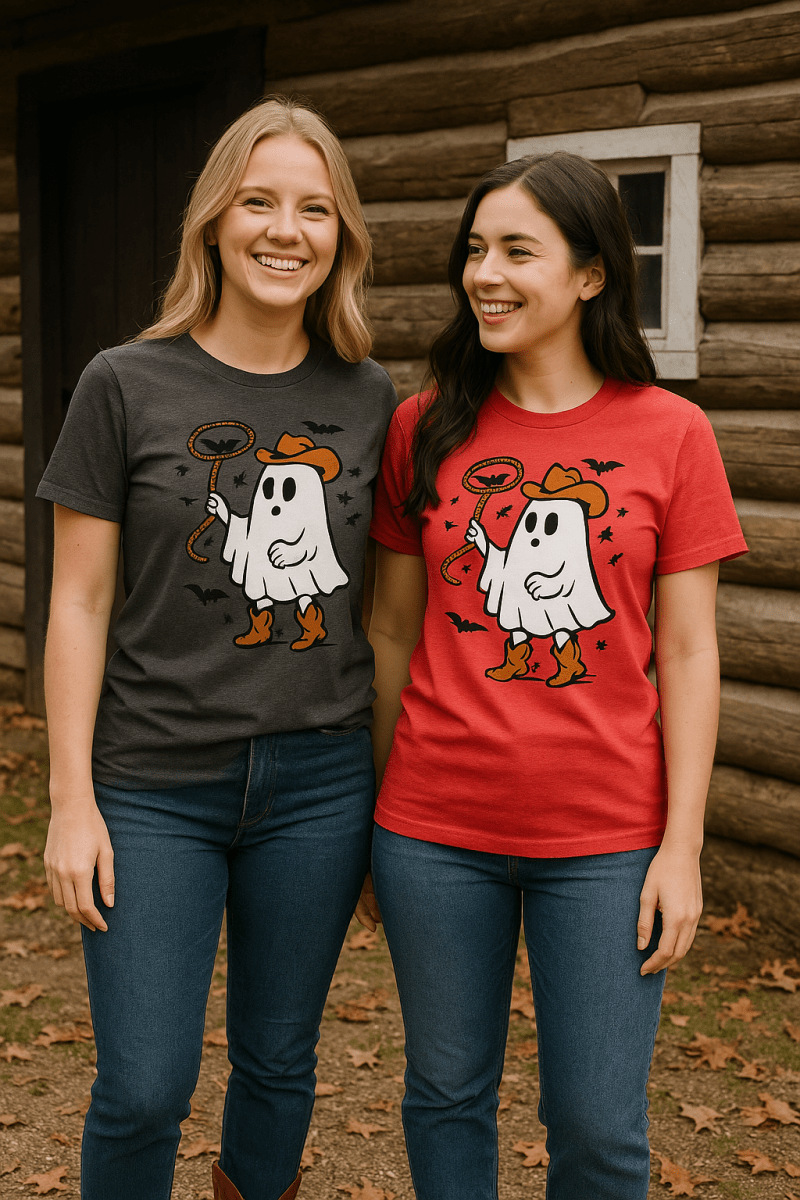 Cowboy Ghost Tee – Western Halloween Graphic T-Shirt for Fall Nights & Bonfire Parties - Lazy Rockin H Ecom