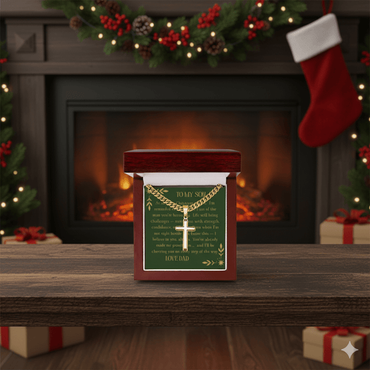 Dad’s Christmas Pride™ Personalized Cross Necklace – “To My Son” Message Card | Custom Holiday Gift from Dad - Lazy Rockin H Ecom