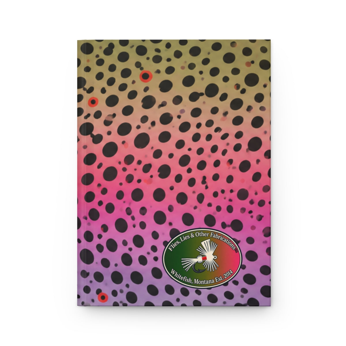 A rectangular fabric art print or poster featuring a black polka dot pattern over a vertical gradient that transitions from olive green at the top, through peach and pink, to purple at the bottom. A circular green and red logo for 'Fish, Lure & Other Fabrics Shop' is printed in the lower right corner.