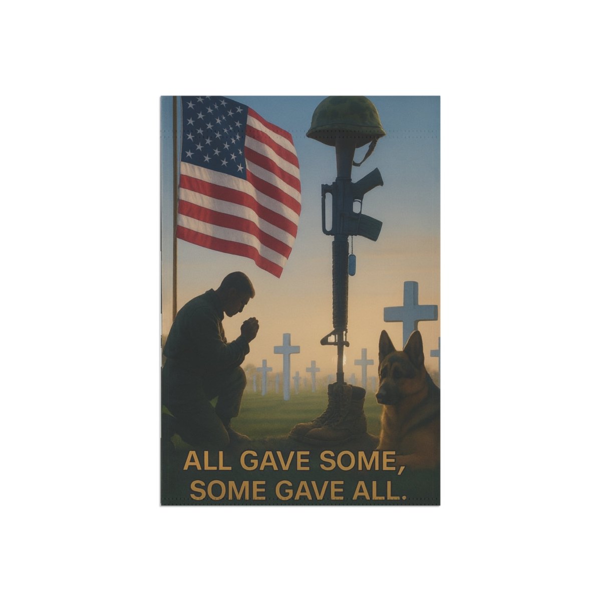 House Banner - Soldier Praying Beside New Grave with Military Dog Tags - Lazy Rockin H Ecom