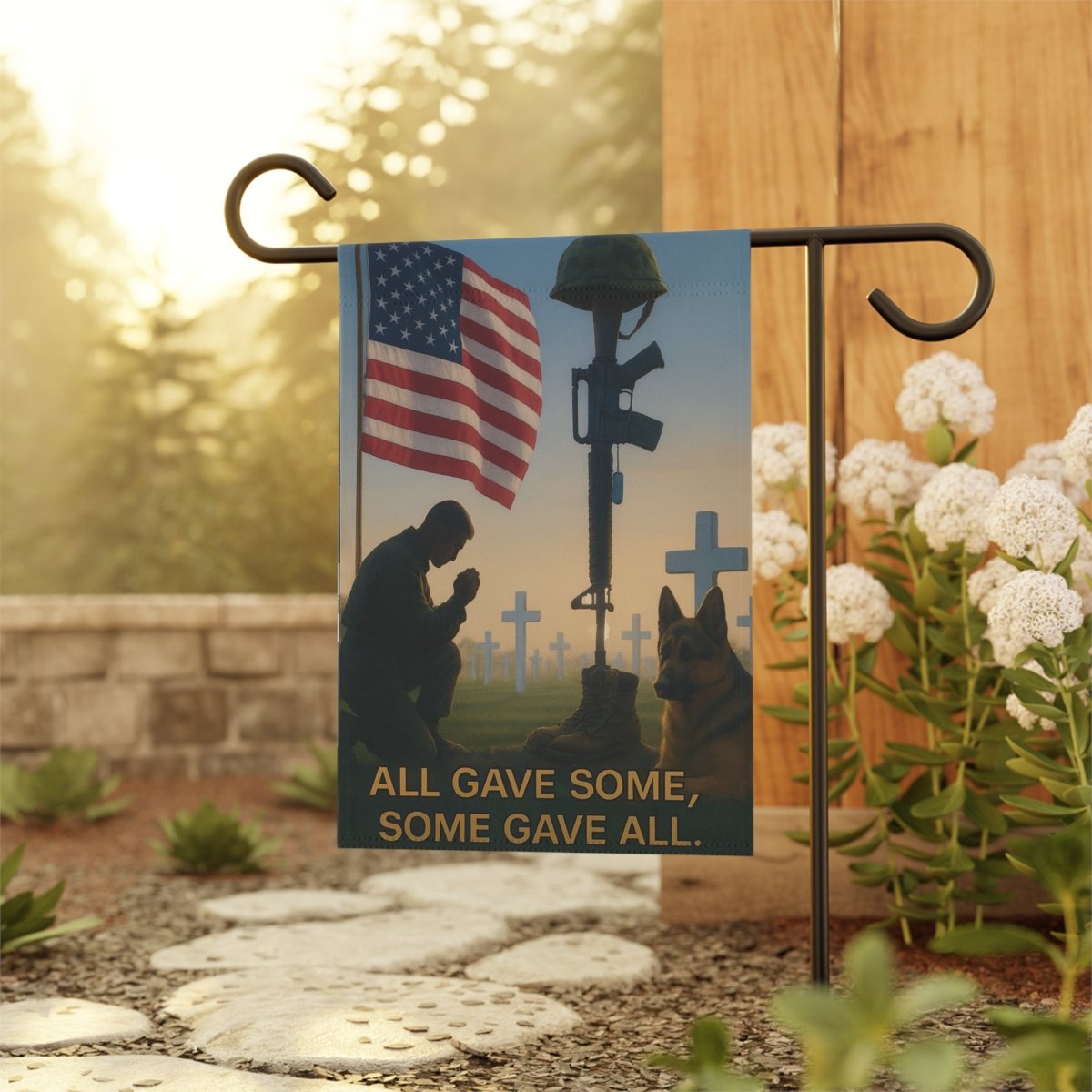 House Banner - Soldier Praying Beside New Grave with Military Dog Tags - Lazy Rockin H Ecom