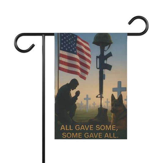 House Banner - Soldier Praying Beside New Grave with Military Dog Tags - Lazy Rockin H Ecom