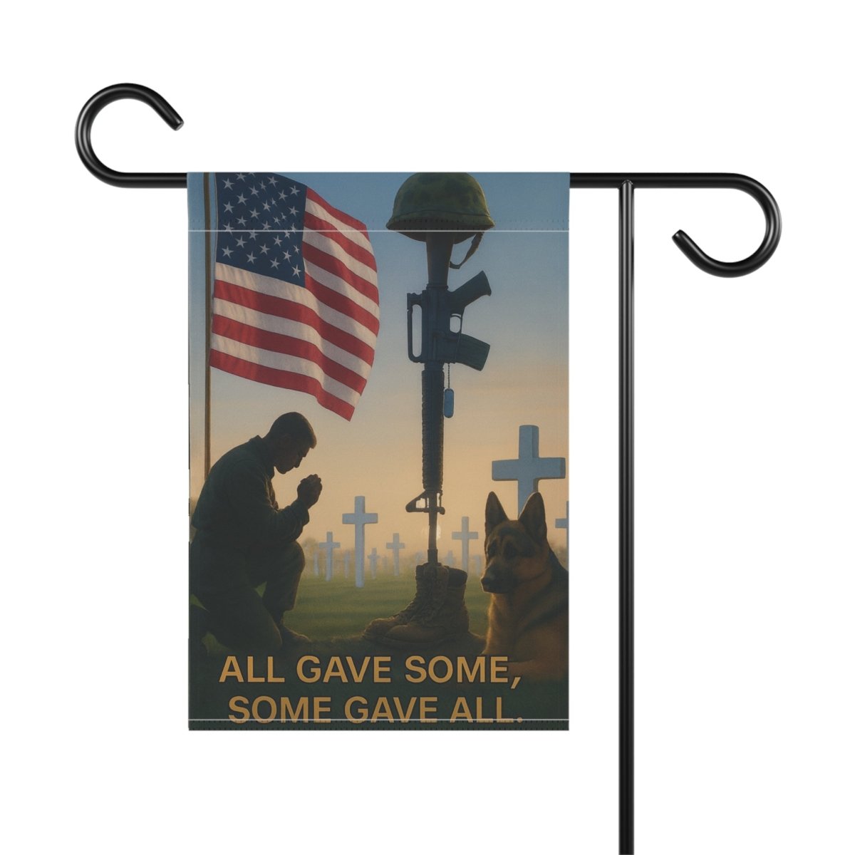 House Banner - Soldier Praying Beside New Grave with Military Dog Tags - Lazy Rockin H Ecom