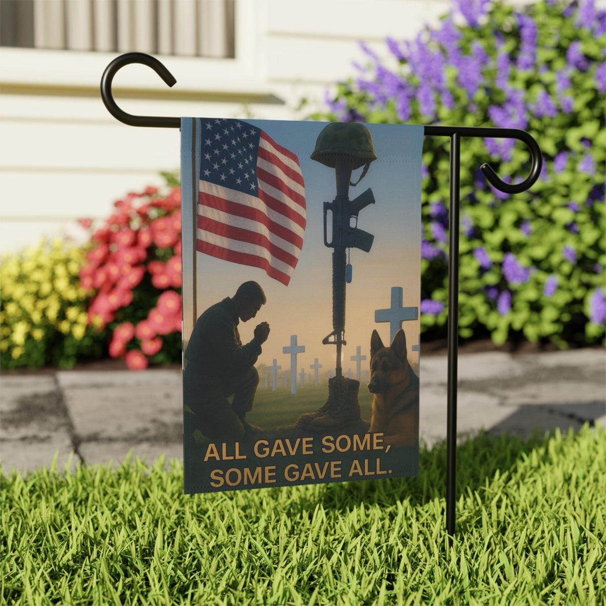 House Banner - Soldier Praying Beside New Grave with Military Dog Tags - Lazy Rockin H Ecom