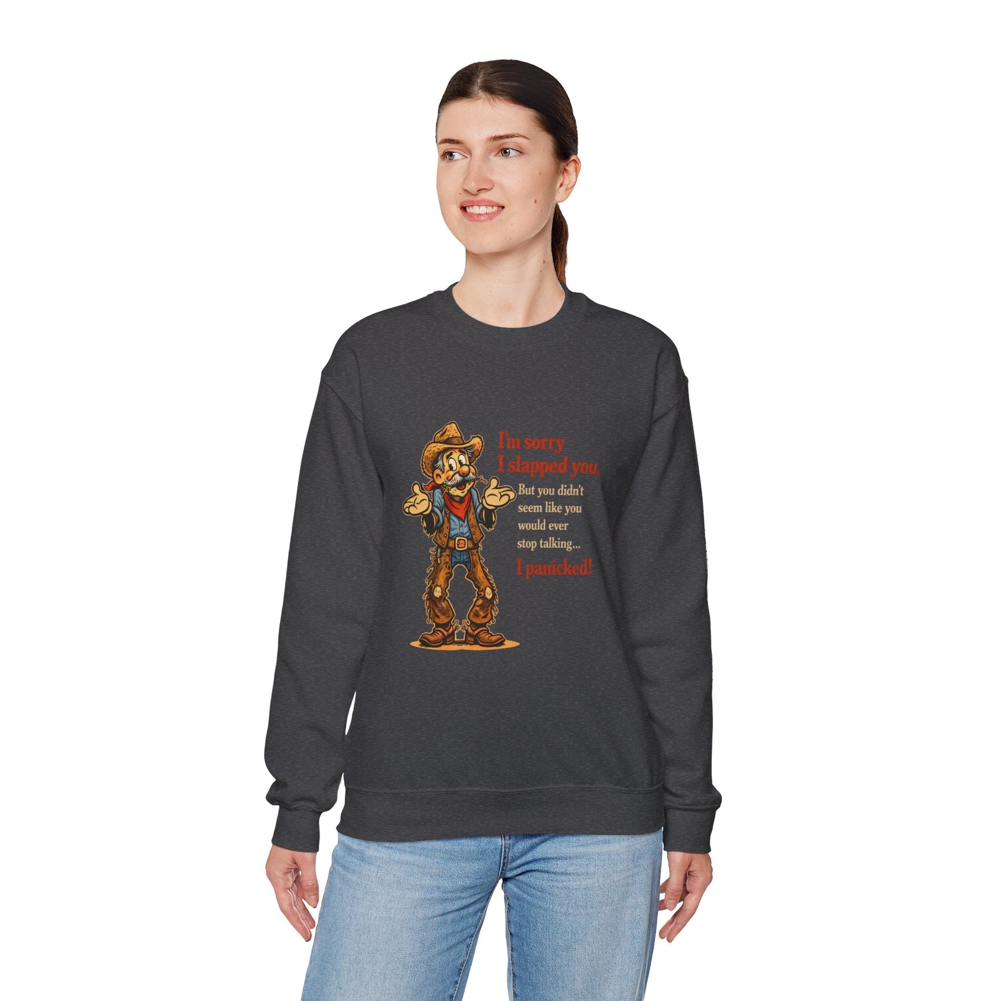 Woman wearing funny western sweatshirt with Sorry I Slapped You quote, casual ranch style outfit