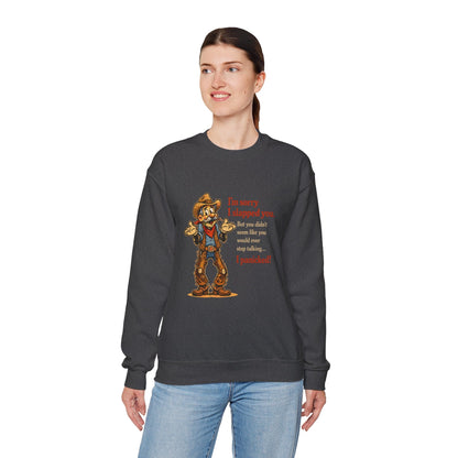 Woman wearing funny western sweatshirt with Sorry I Slapped You quote, casual ranch style outfit