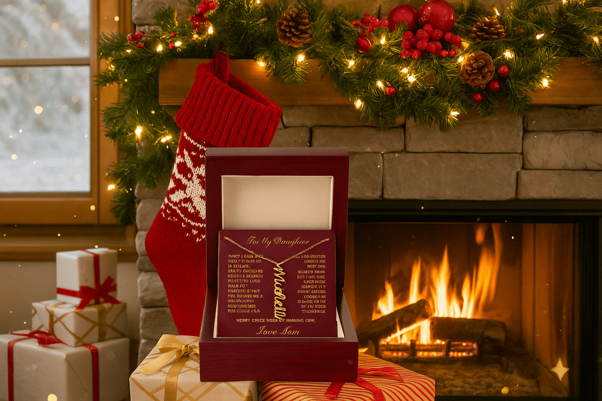 Personalized Vertical Bar Necklace – Christmas Edition | Custom Engraved Gift for Daughter from Mom - Lazy Rockin H Ecom