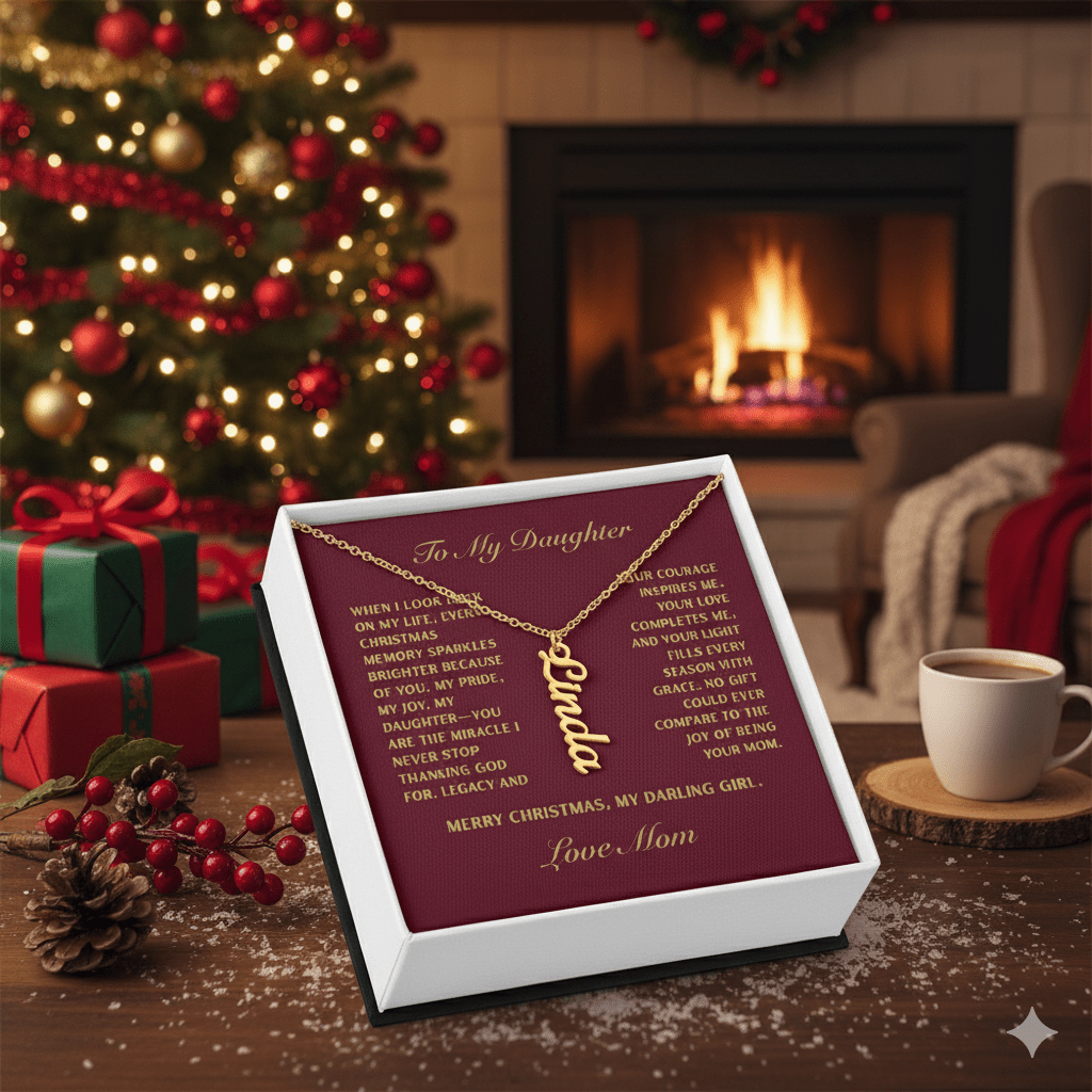 Personalized Vertical Bar Necklace – Christmas Edition | Custom Engraved Gift for Daughter from Mom - Lazy Rockin H Ecom