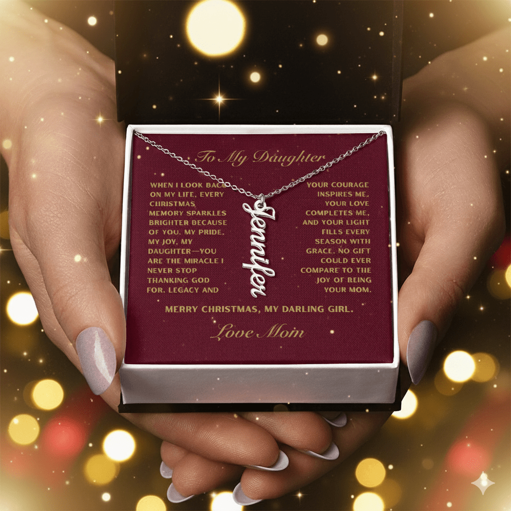 Personalized Vertical Bar Necklace – Christmas Edition | Custom Engraved Gift for Daughter from Mom - Lazy Rockin H Ecom