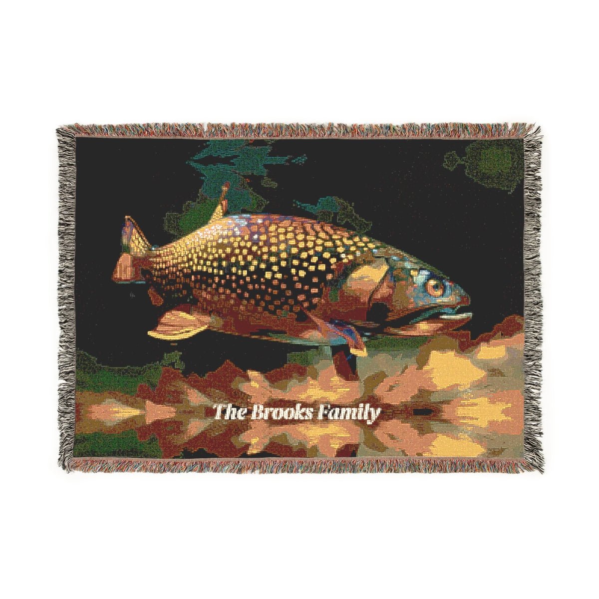 Personalized Woven Brook Trout Blanket — Custom Name, 100 % Cotton Throw with Color Fringe - Lazy Rockin H Ecom