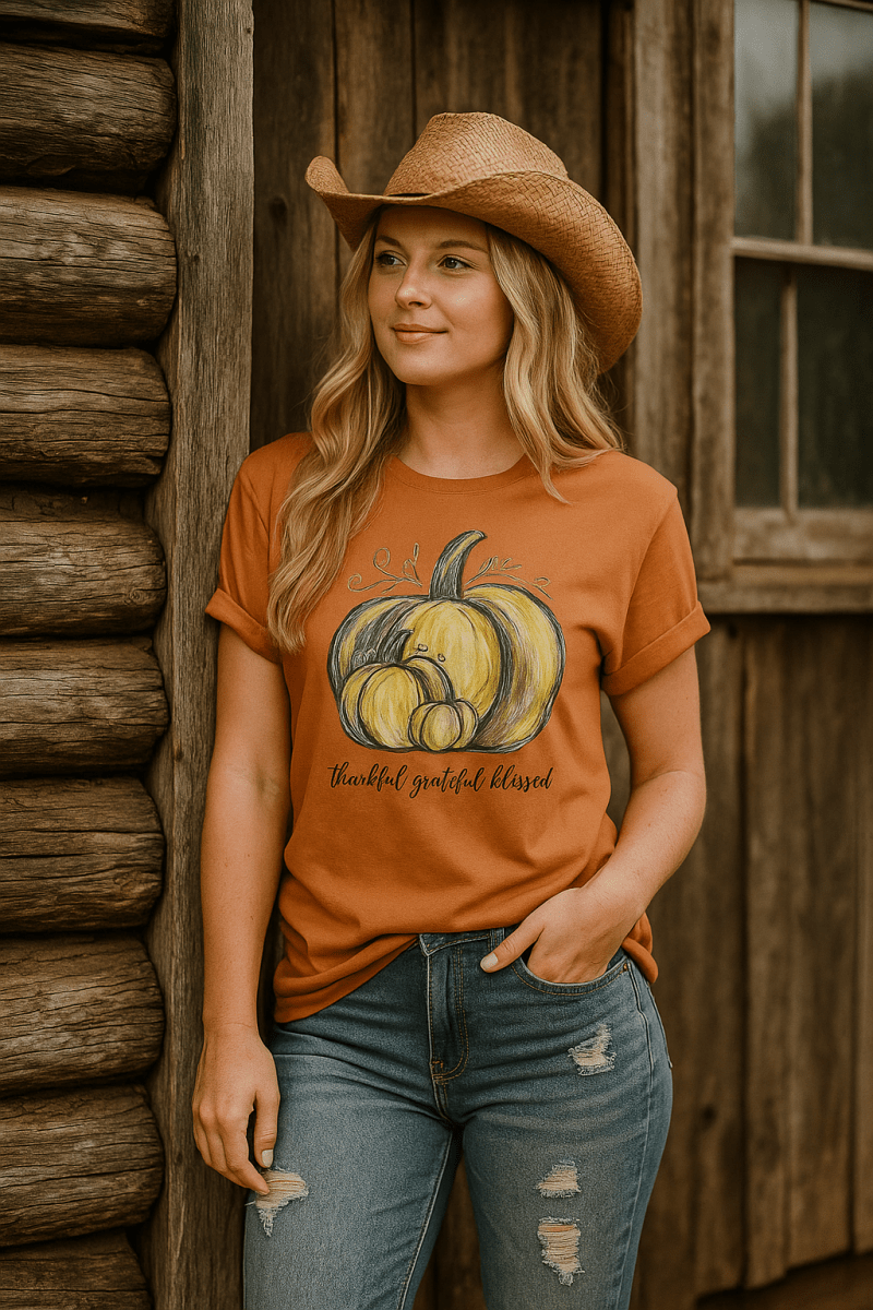 Thankful Grateful Blessed T-Shirt – Unisex Fall Tee with Pumpkin Design - Lazy Rockin H Ecom