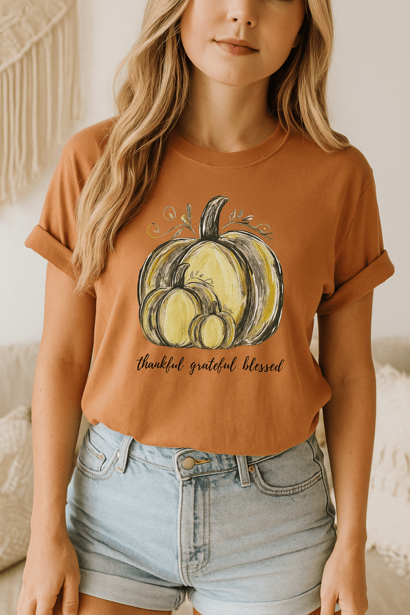 Thankful Grateful Blessed T-Shirt – Unisex Fall Tee with Pumpkin Design - Lazy Rockin H Ecom