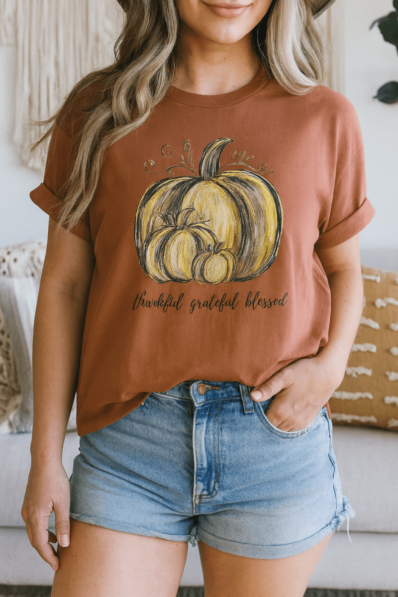 Thankful Grateful Blessed T-Shirt – Unisex Fall Tee with Pumpkin Design - Lazy Rockin H Ecom