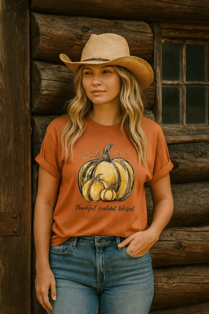 Thankful Grateful Blessed T-Shirt – Unisex Fall Tee with Pumpkin Design - Lazy Rockin H Ecom