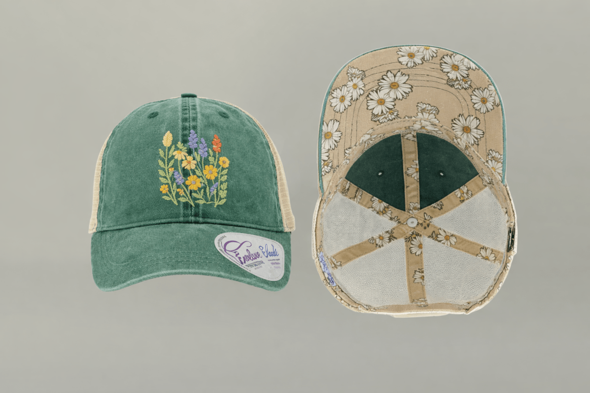 Women’s Washed Mesh - Back Cap with Concealed Ponytail Opening – Wildflower Graphic - Lazy Rockin H Ecom