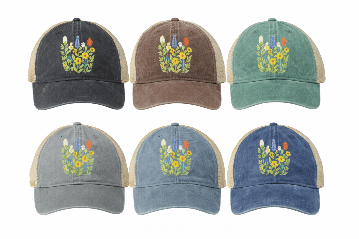 Women’s Washed Mesh - Back Cap with Concealed Ponytail Opening – Wildflower Graphic - Lazy Rockin H Ecom